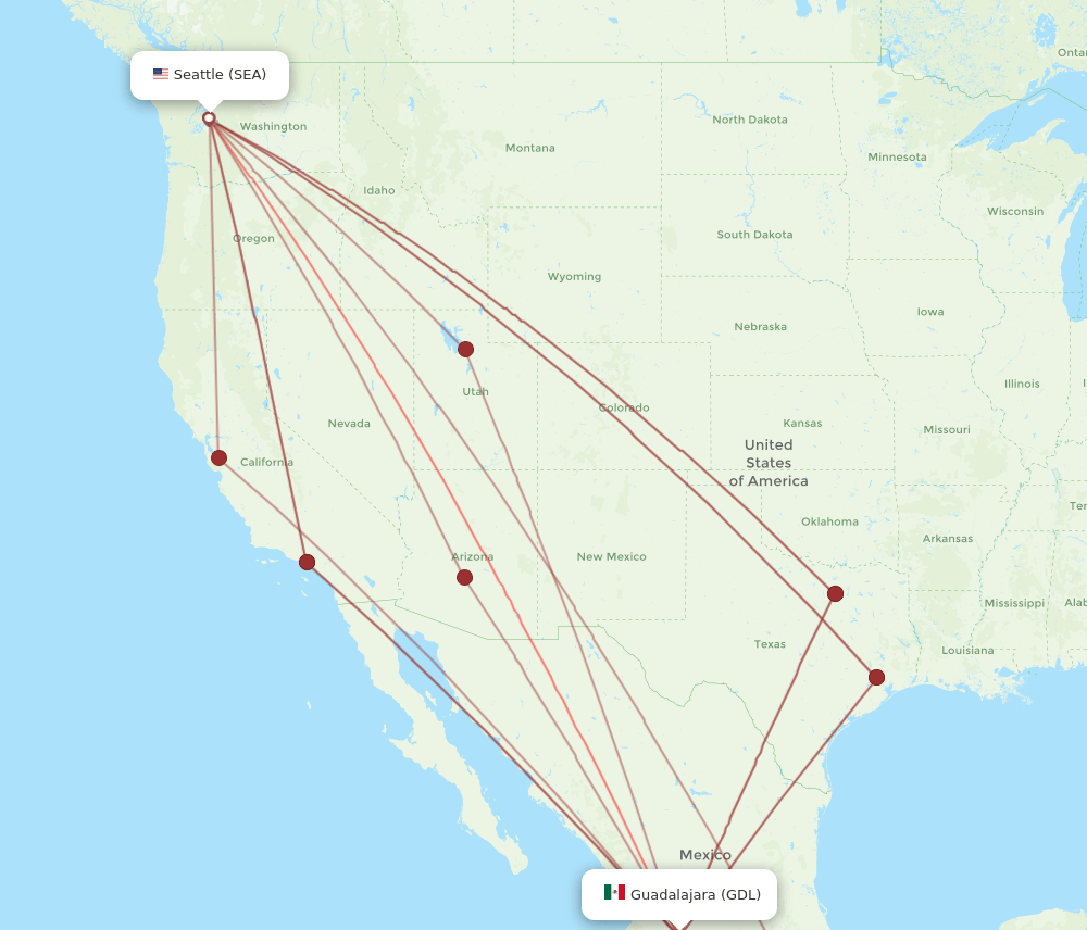 GDL to SEA flights and routes map