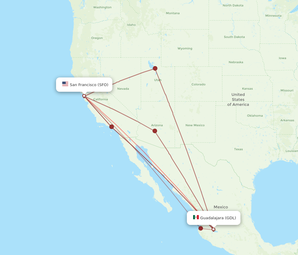 GDL to SFO flights and routes map