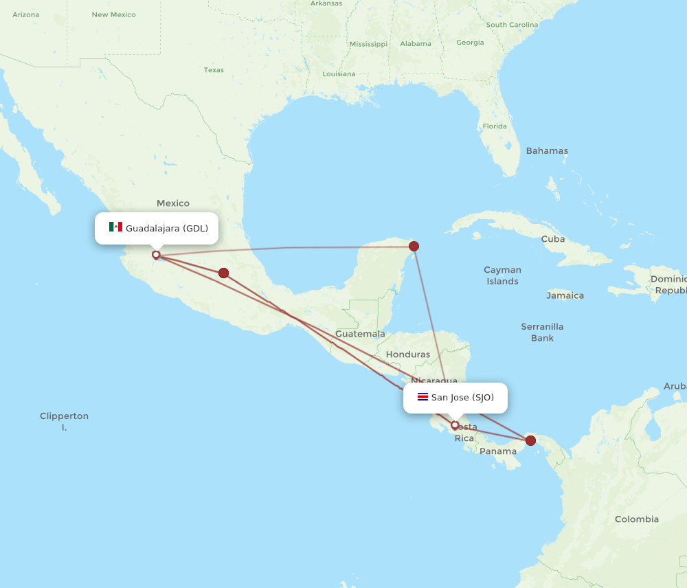 GDL-SJO flight routes