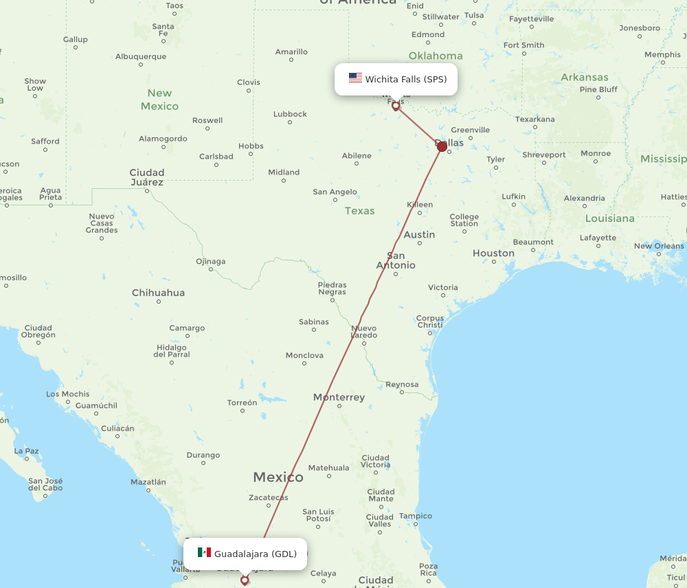 GDL to SPS flights and routes map