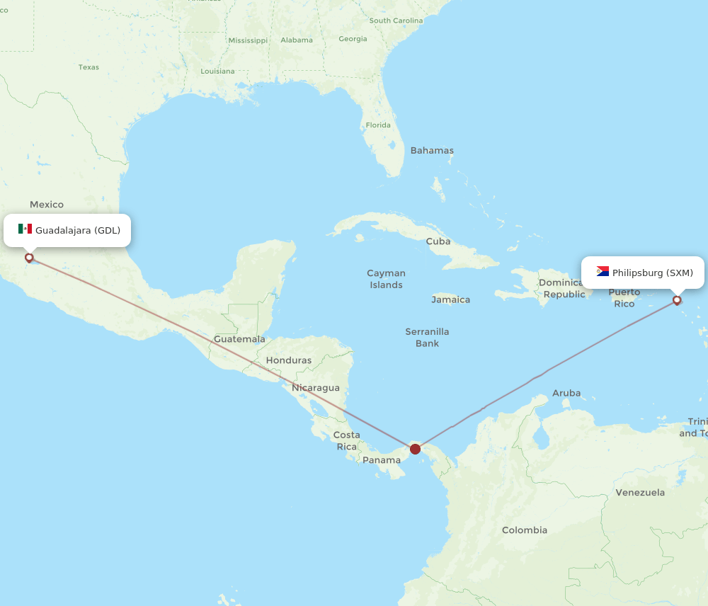 GDL to SXM flights and routes map