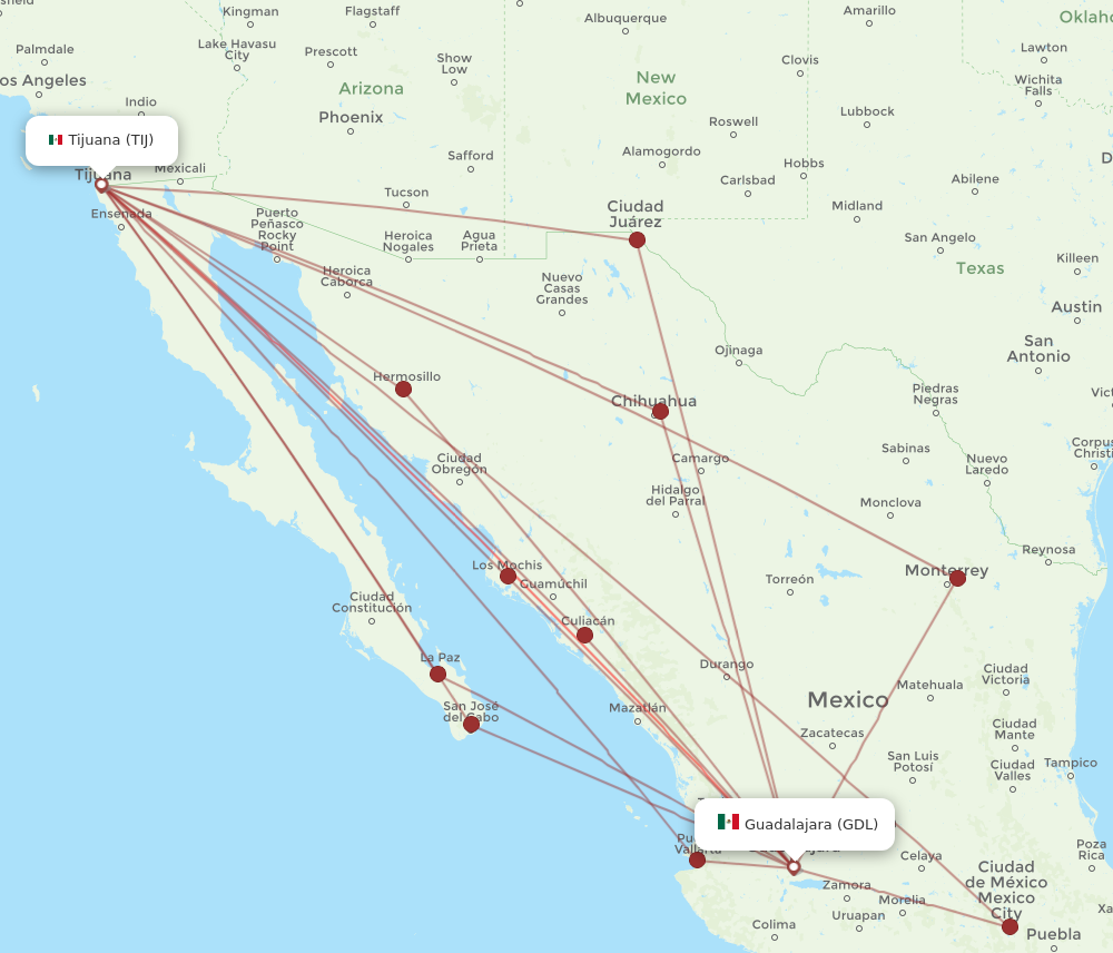 GDL to TIJ flights and routes map