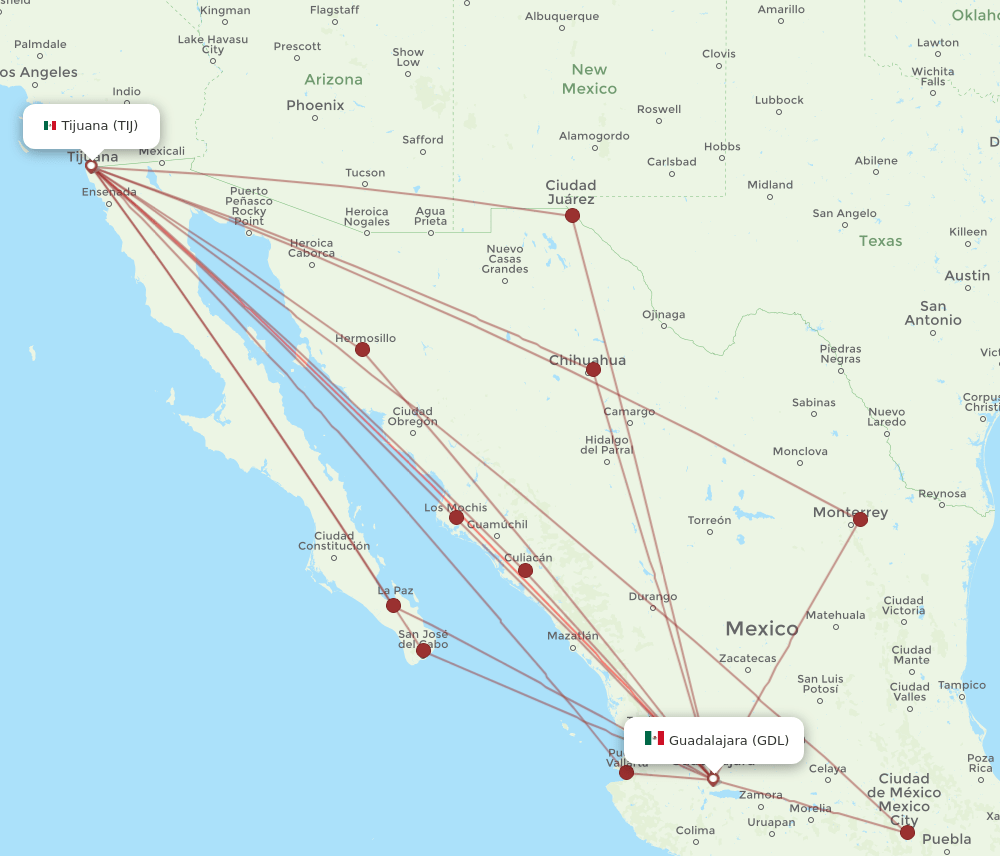 GDL-TIJ flight routes