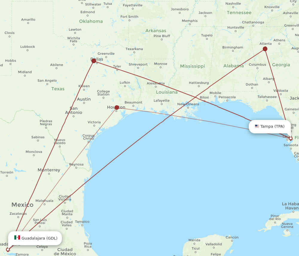 GDL to TPA flights and routes map