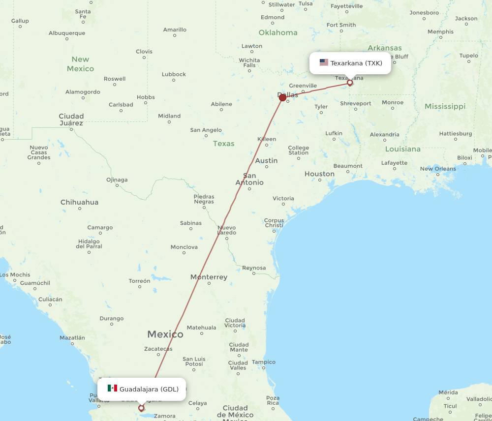 GDL-TXK flight routes