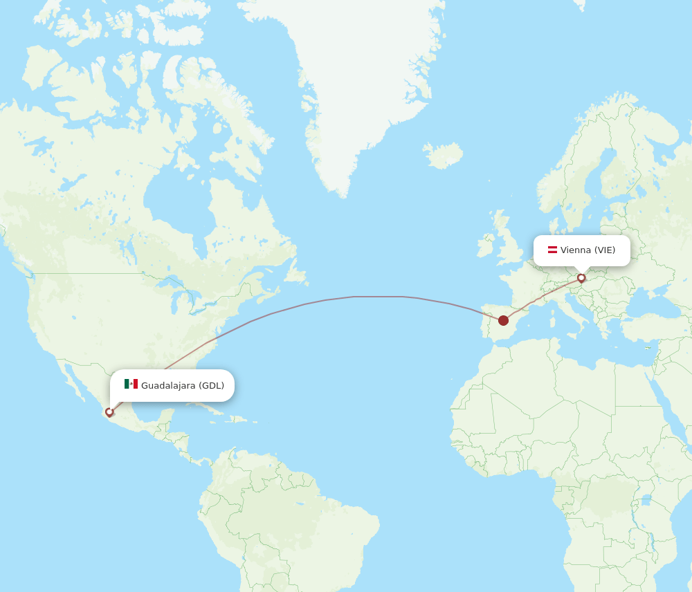 Vienna - Guadalajara route map and flight paths