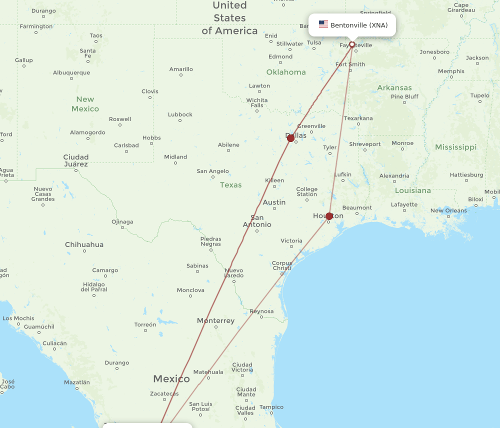 GDL to XNA flights and routes map
