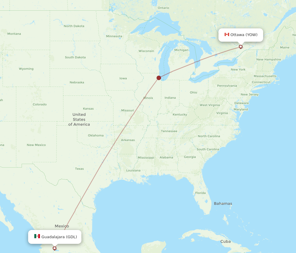 GDL to YOW flights and routes map