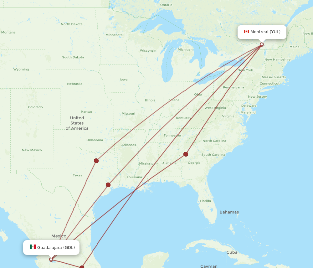 GDL to YUL flights and routes map