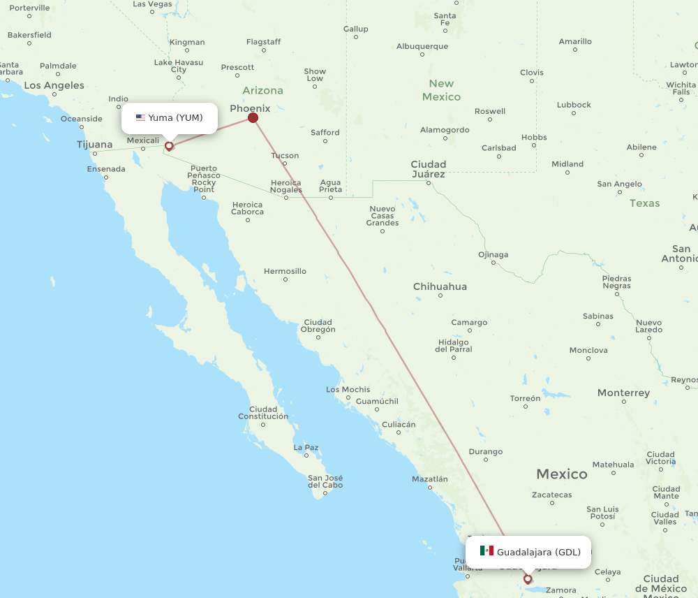 GDL-YUM flight routes