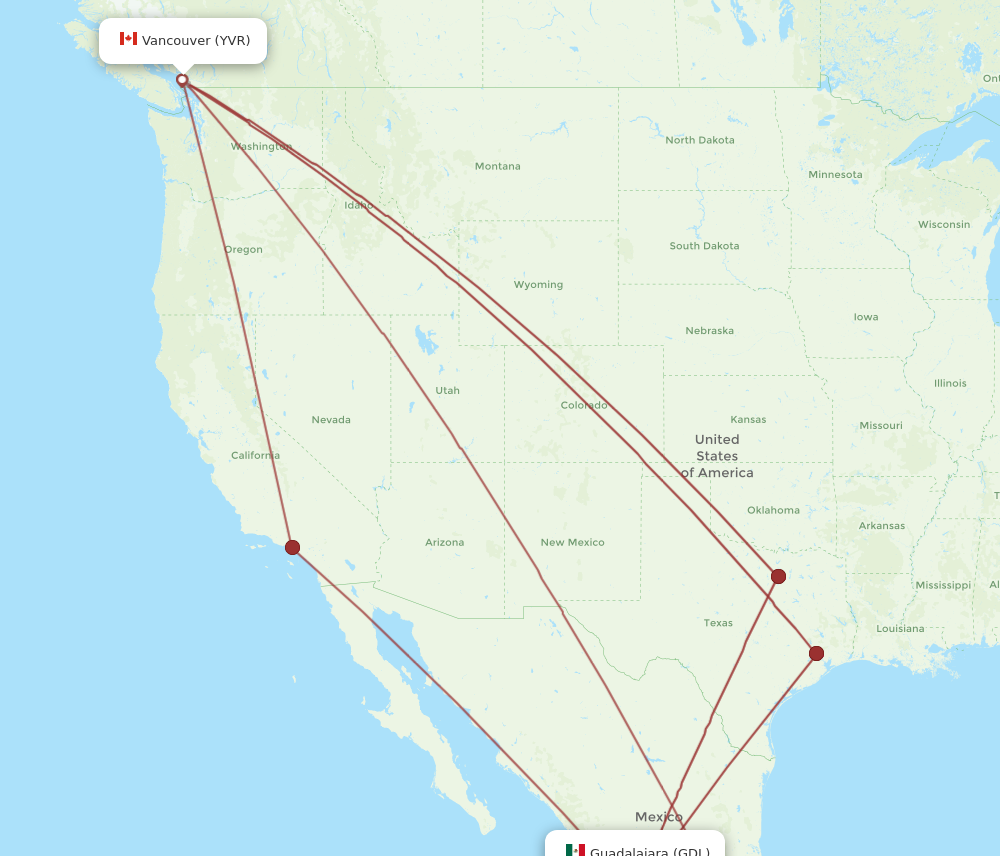 GDL to YVR flights and routes map