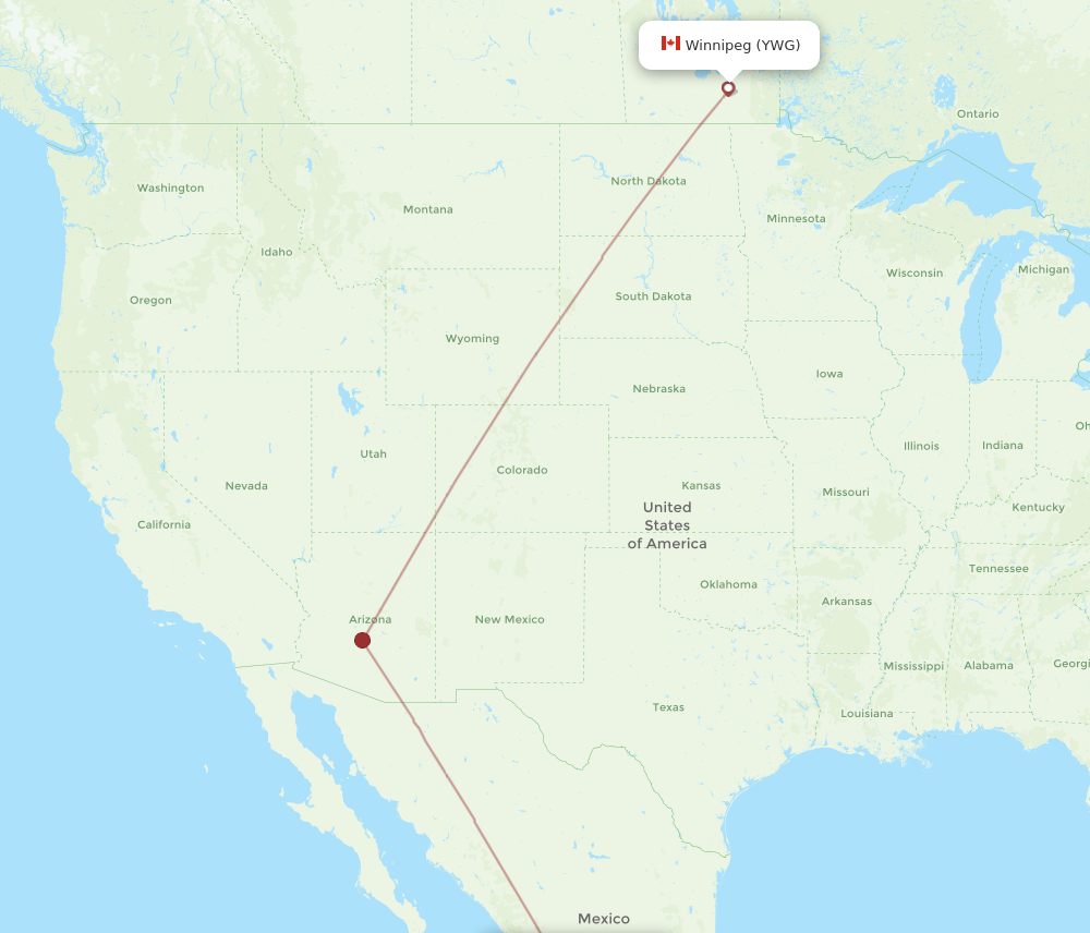 GDL to YWG flights and routes map