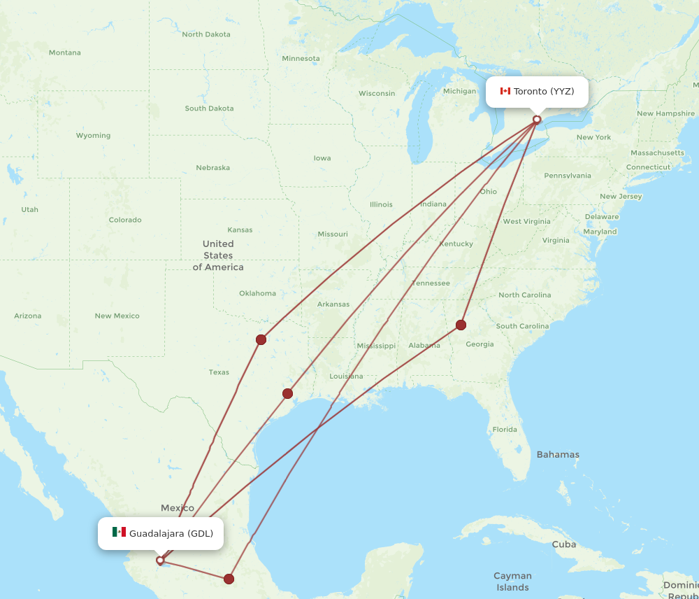 YYZ to GDL flights and routes map