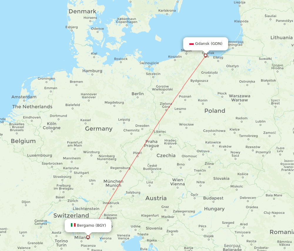 Gdansk - Milan route map and flight paths