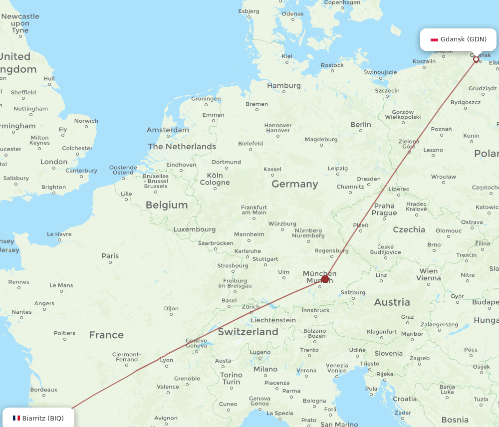 Biarritz - Gdansk route map and flight paths