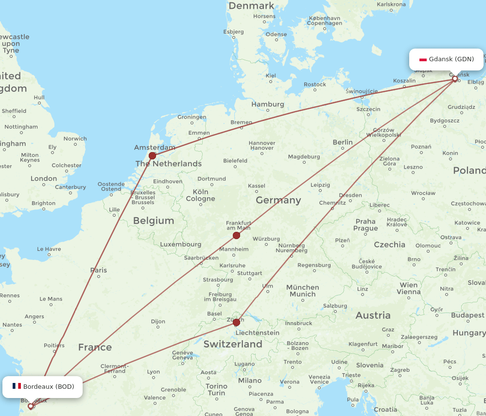 GDN to BOD flights and routes map