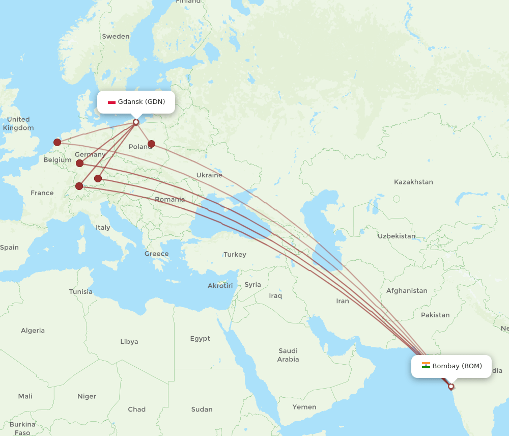 GDN-BOM flight routes