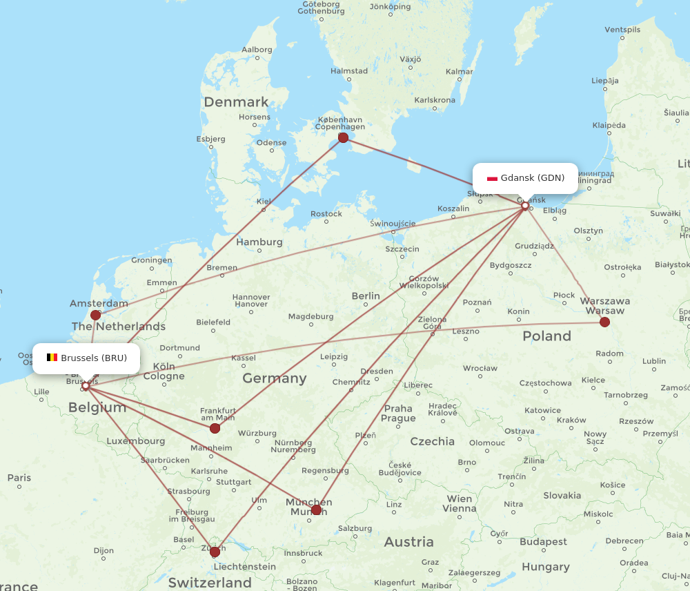 GDN to BRU flights and routes map