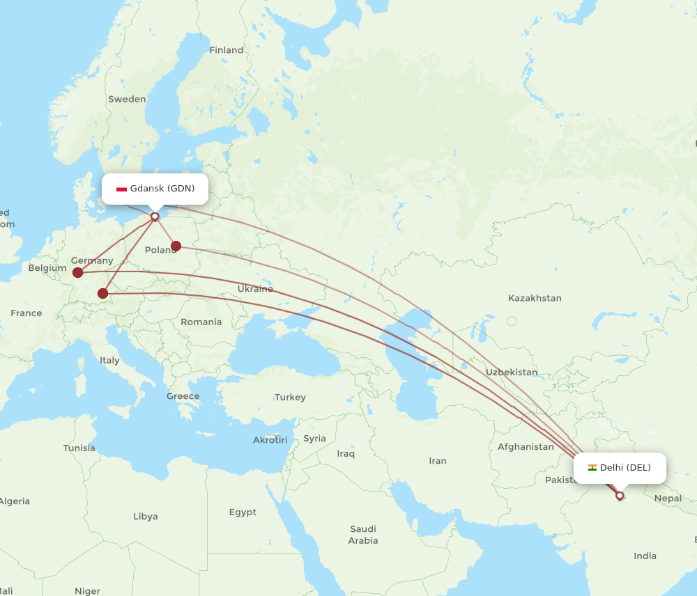 GDN-DEL flight routes