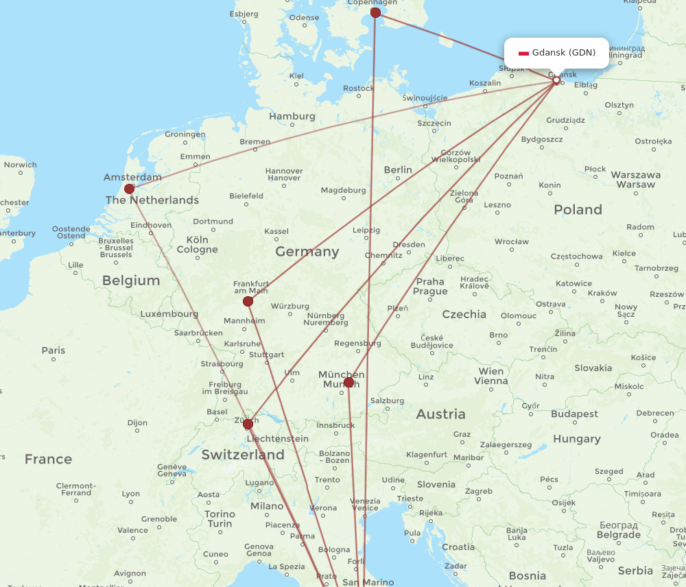 GDN to FCO flights and routes map
