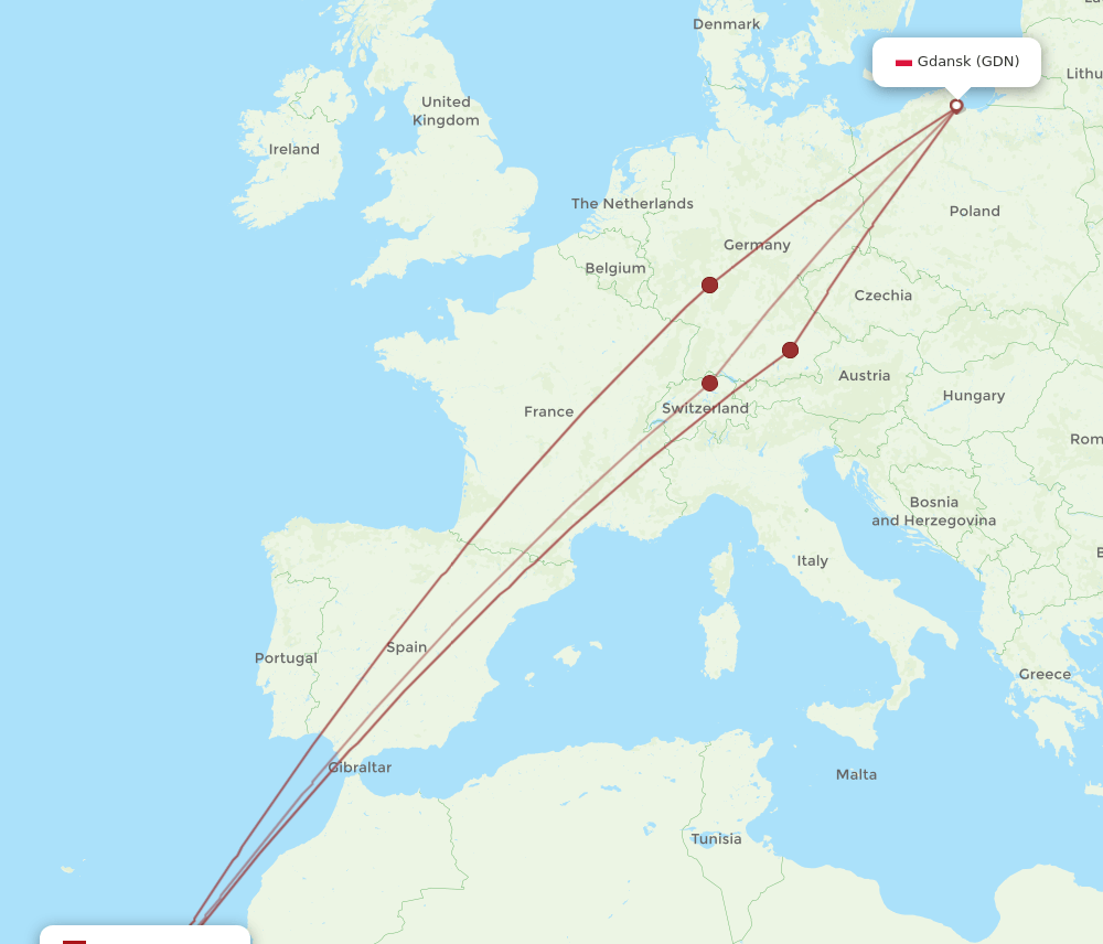 GDN to FUE flights and routes map