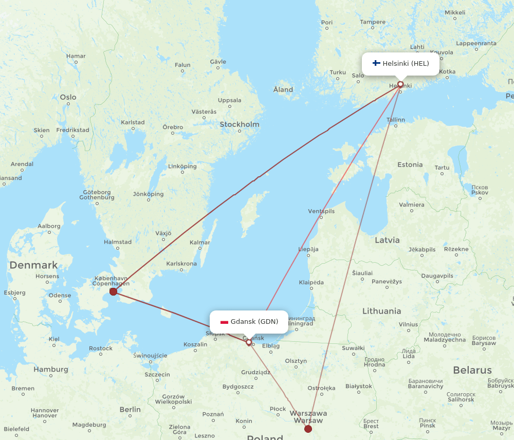 GDN to HEL flights and routes map