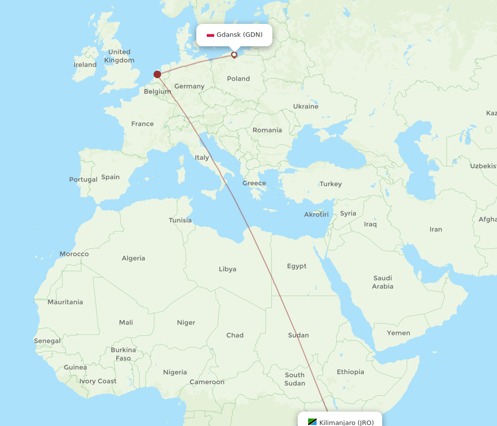 GDN-JRO flight routes
