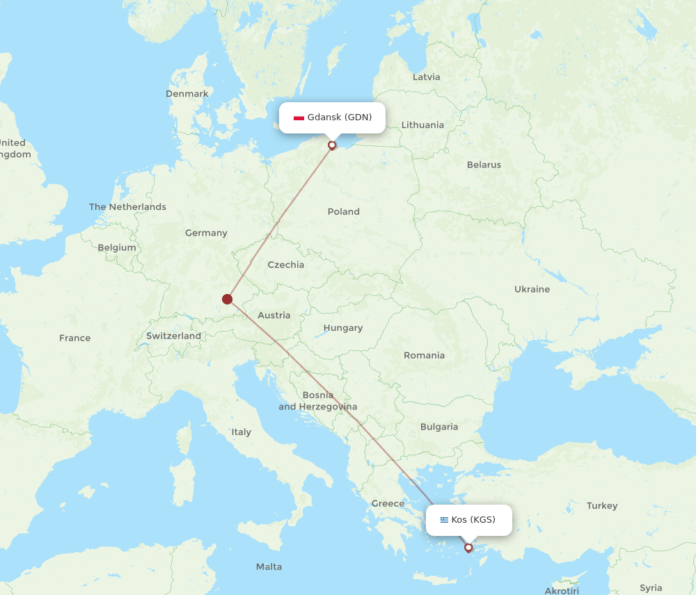 Kos - Gdansk route map and flight paths