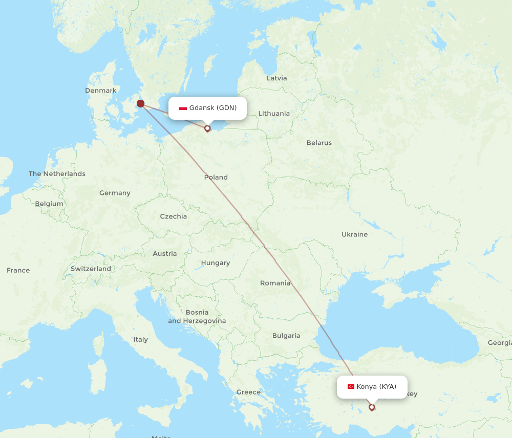 Konya - Gdansk route map and flight paths