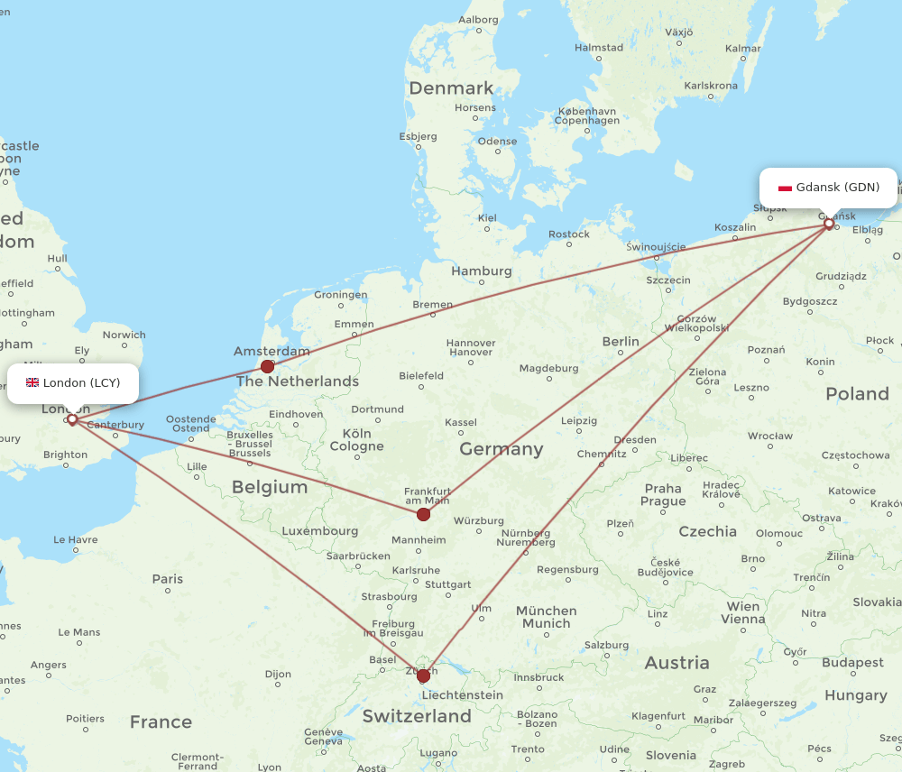 GDN to LCY flights and routes map