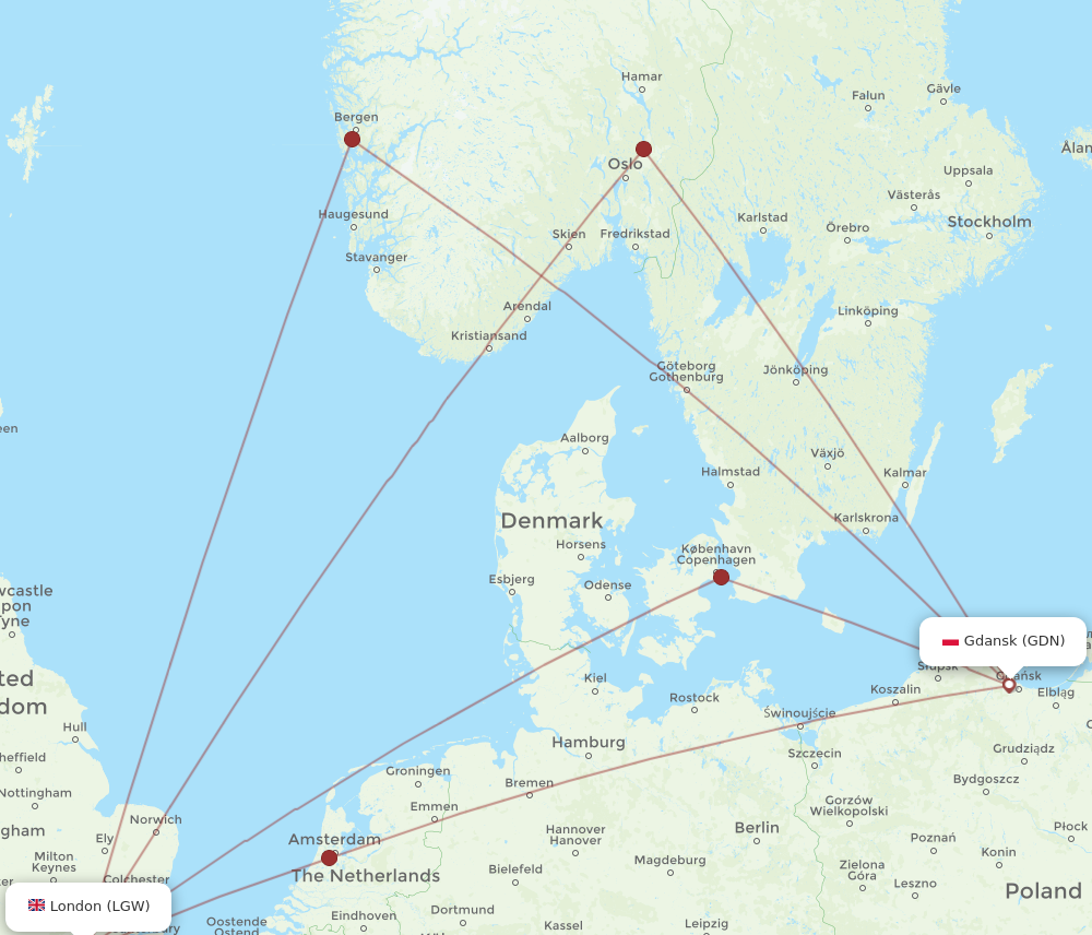 GDN to LGW flights and routes map