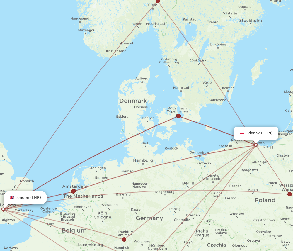 GDN to LHR flights and routes map