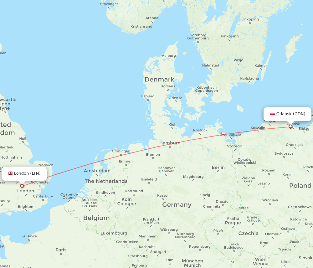 Gdansk - London route map and flight paths