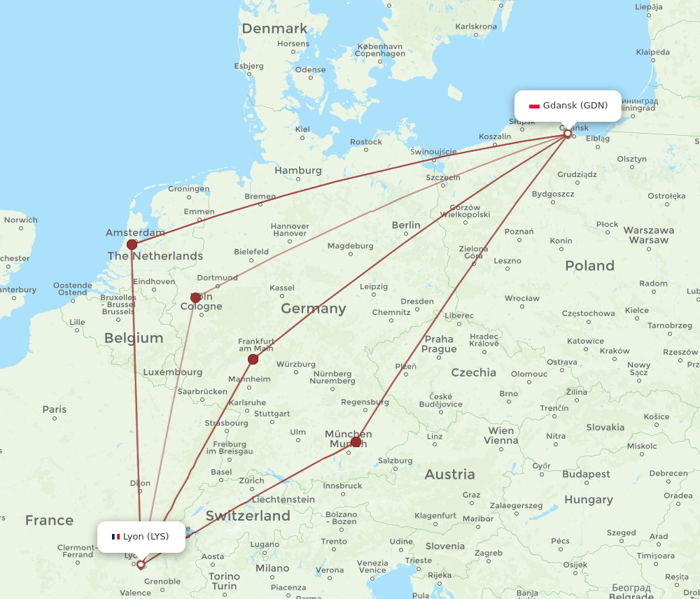 GDN to LYS flights and routes map
