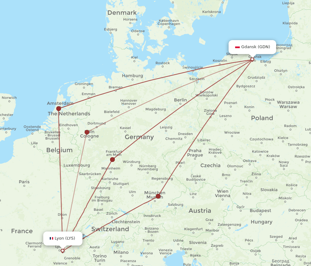 GDN to LYS flights and routes map