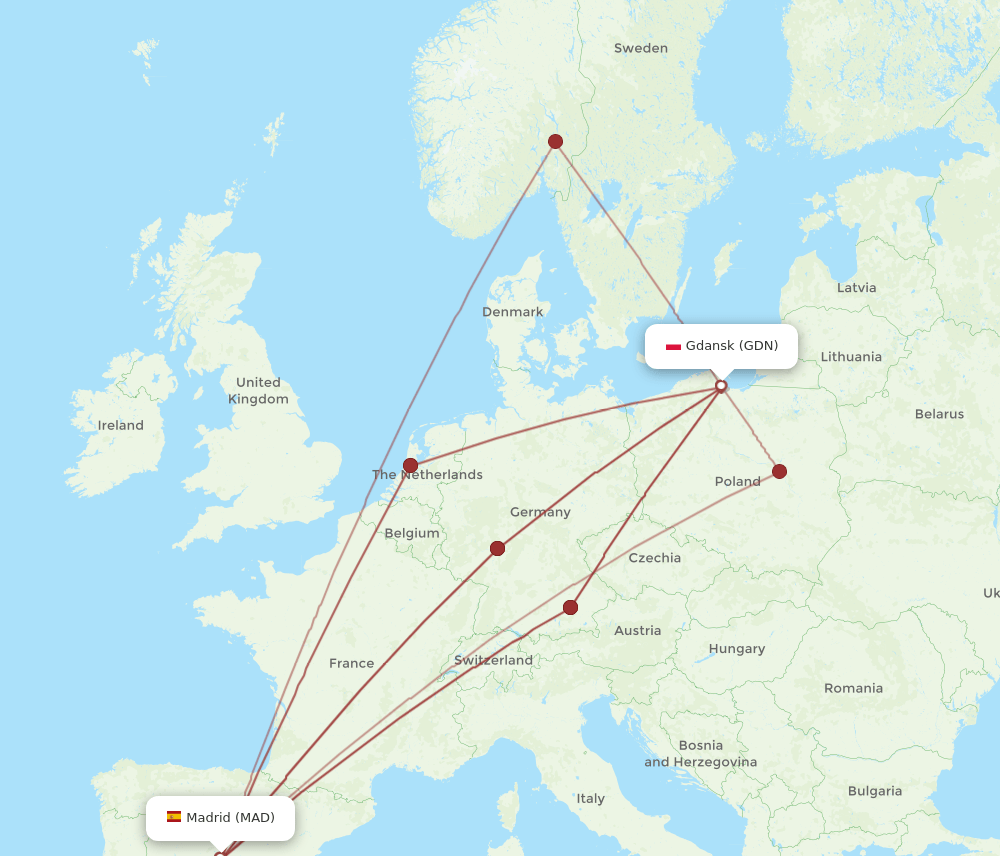 GDN to MAD flights and routes map