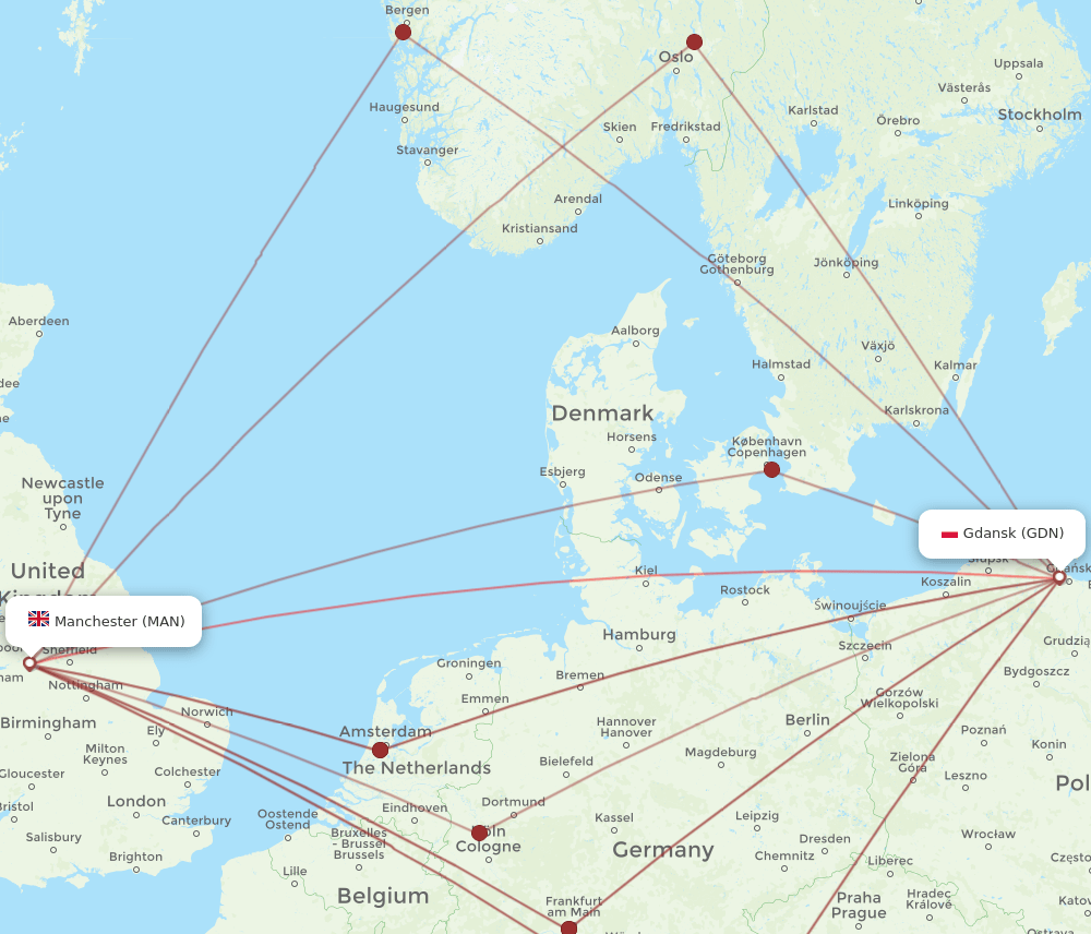 GDN to MAN flights and routes map