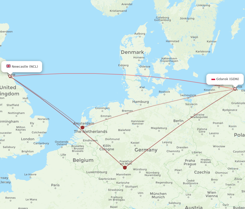 GDN to NCL flights and routes map