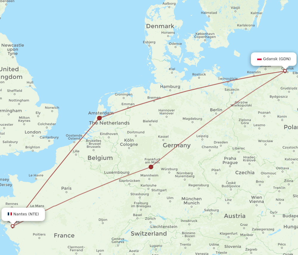 GDN to NTE flights and routes map