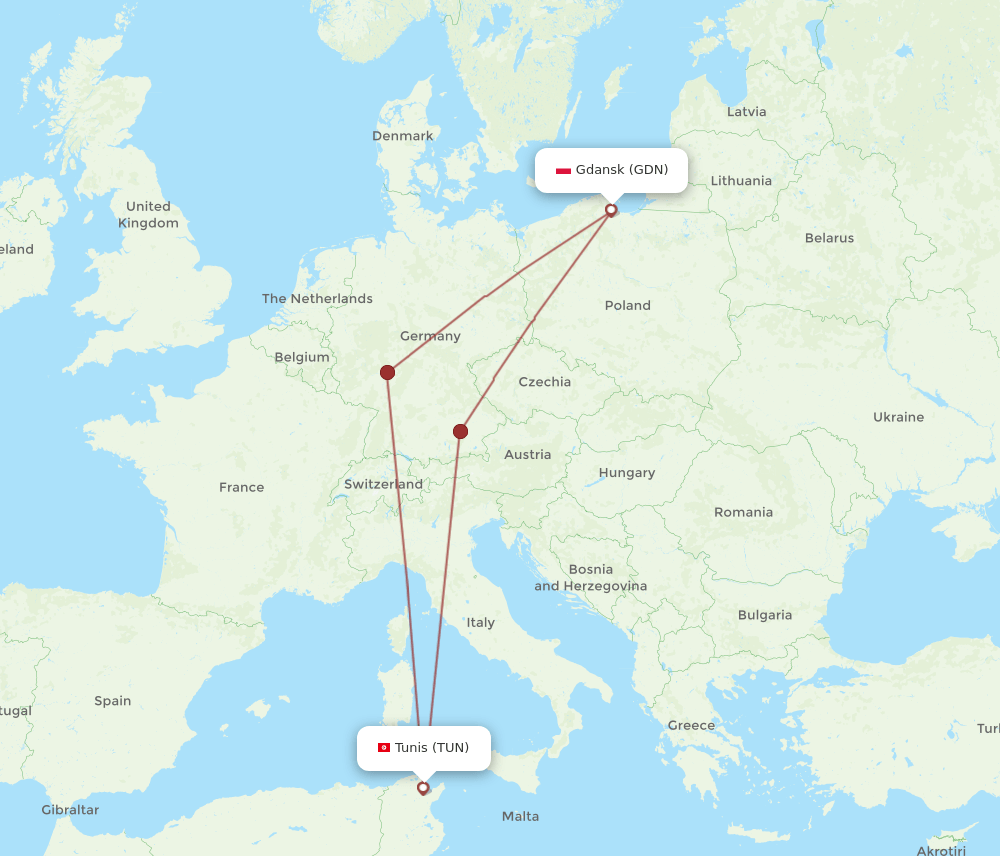 GDN-TUN flight routes