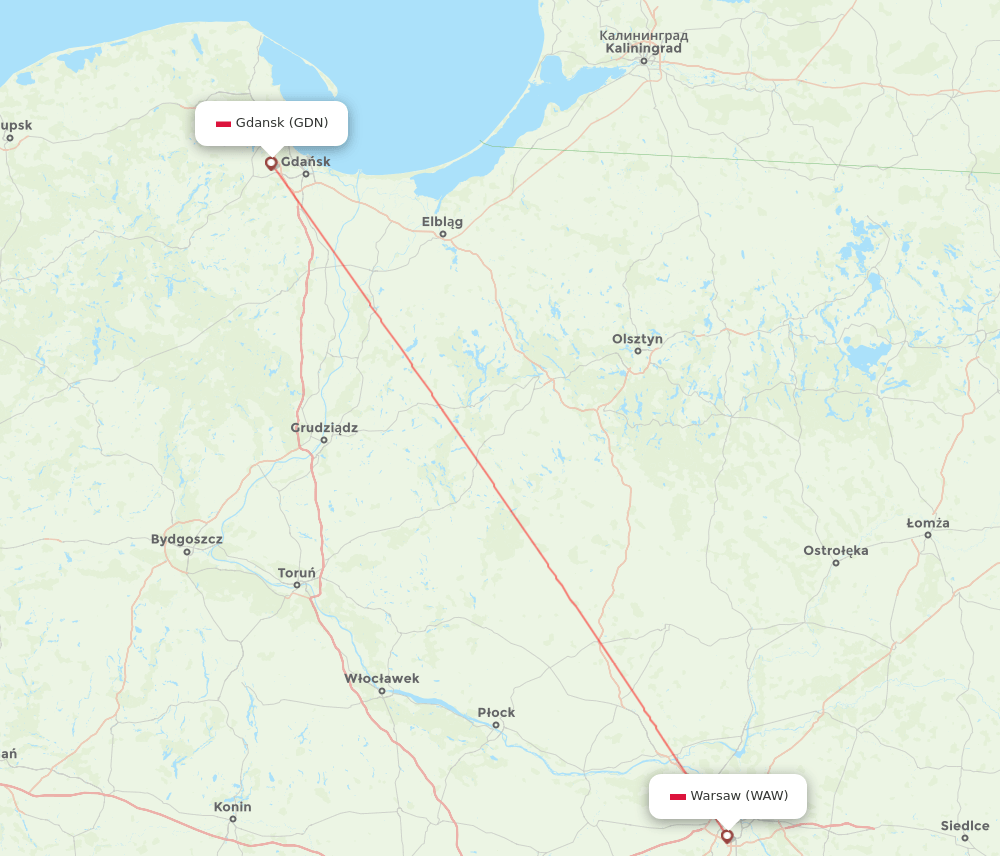 GDN to WAW flights and routes map