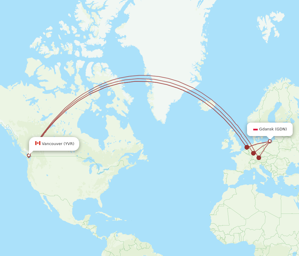 Vancouver - Gdansk route map and flight paths
