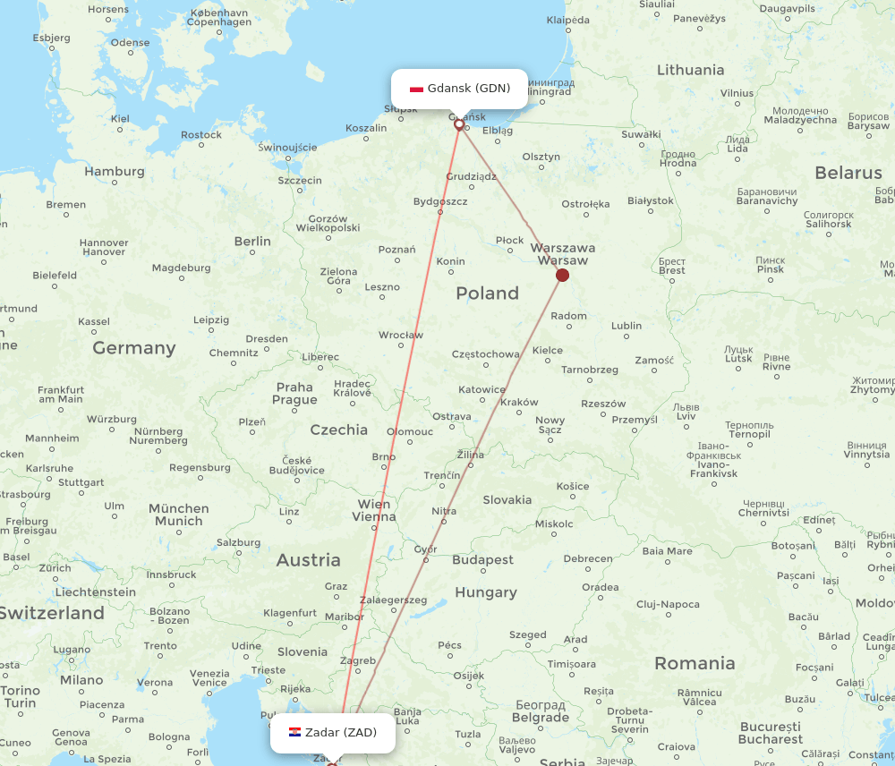 Zadar - Gdansk route map and flight paths