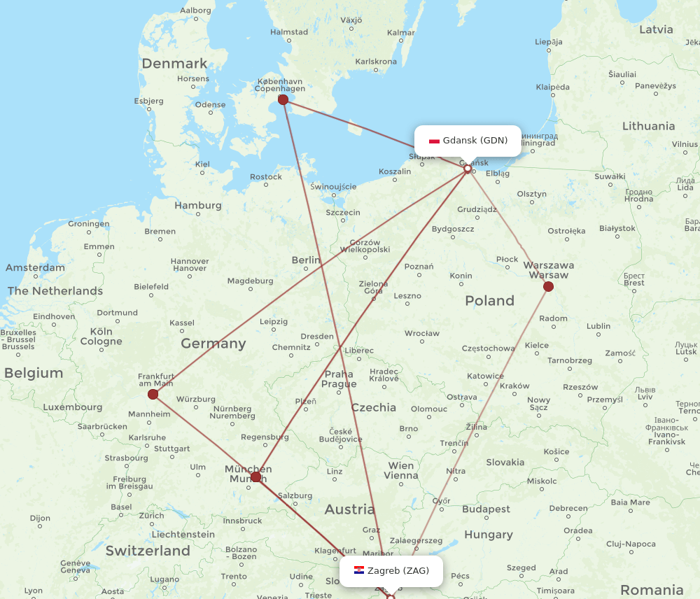Zagreb - Gdansk route map and flight paths