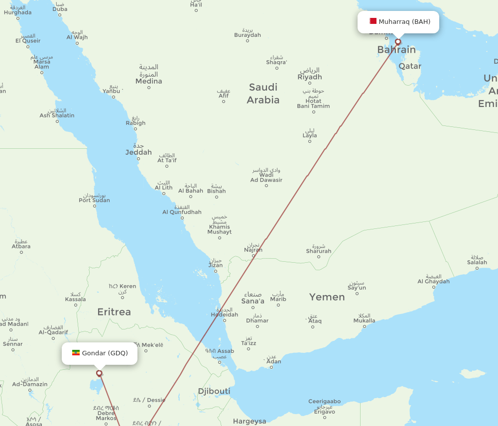 GDQ to BAH flights and routes map