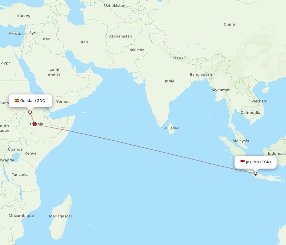 Jakarta - Gondar route map and flight paths