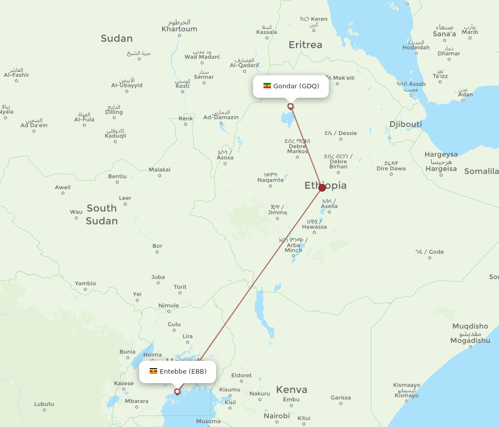 GDQ to EBB flights and routes map