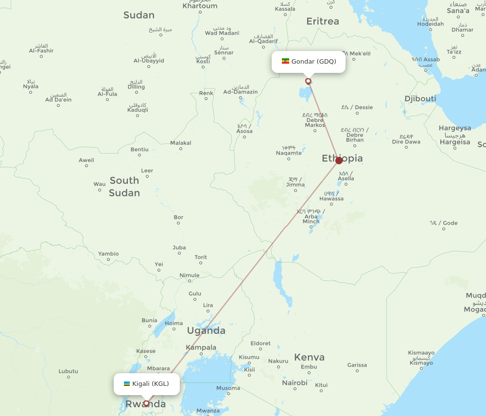 GDQ to KGL flights and routes map