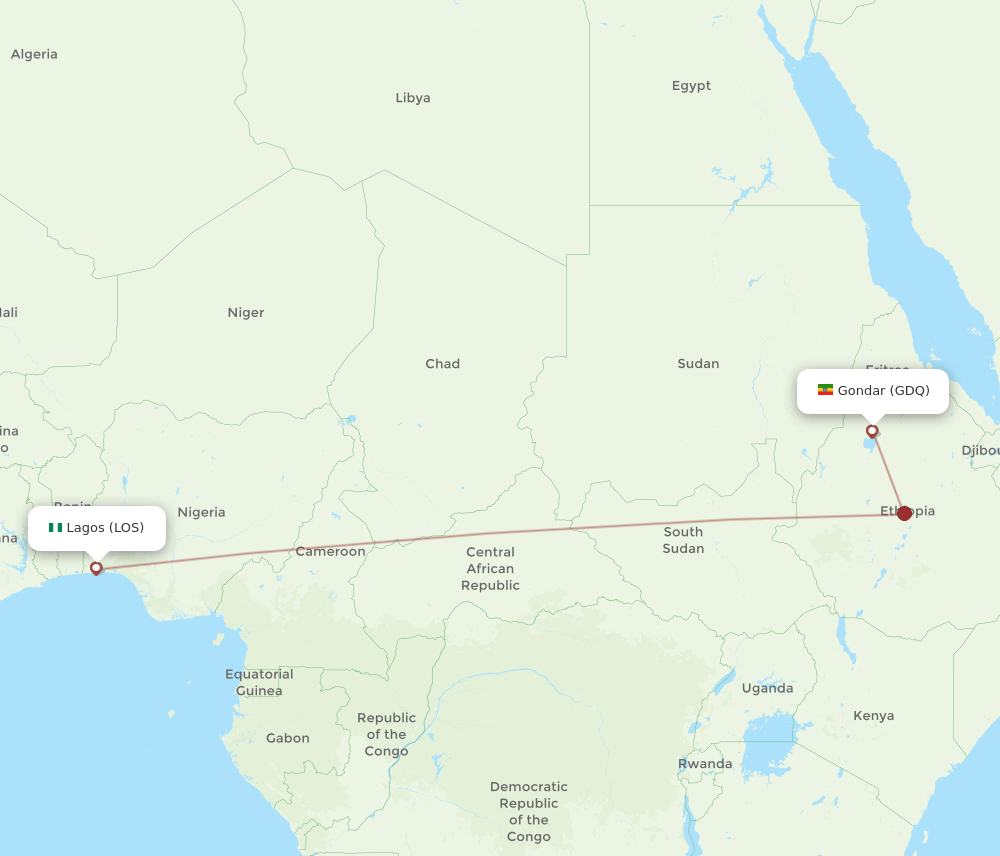 Lagos - Gondar route map and flight paths