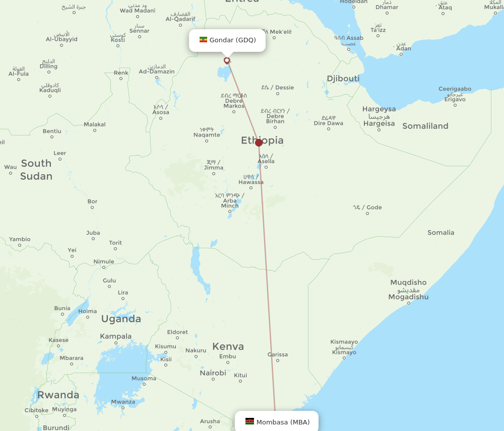 Mombasa - Gondar route map and flight paths